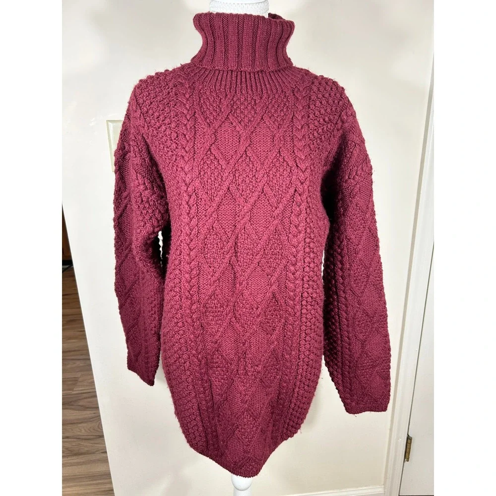 J. Crew Wool Cable Knit‎ Turtleneck Sweater Dress Women's M Burgundy Chunky Luxe